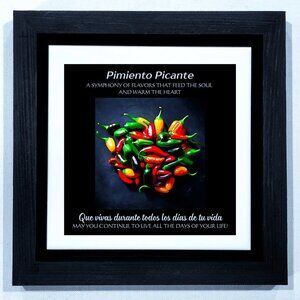 WALL ART -- CHILI PEPPERS 8X8 INCHES. A RAISED TILE IN A BLACK FRAME